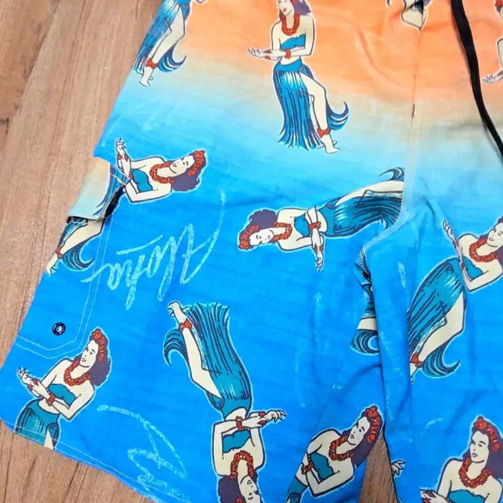 Hang Ten Hula Girl Graphic Board Shorts Orange Blue Mens 38 Swim Trunks